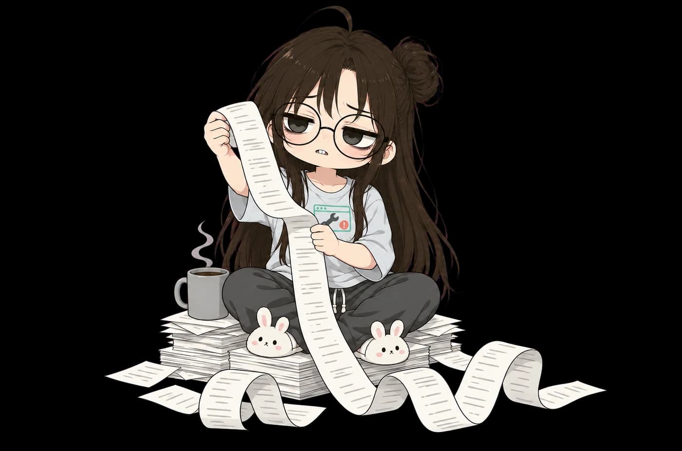 Webbie, FixWeb's tired engineer mascot, sitting on a stack of invoices and frowning at a receipt so long it curls across the floor