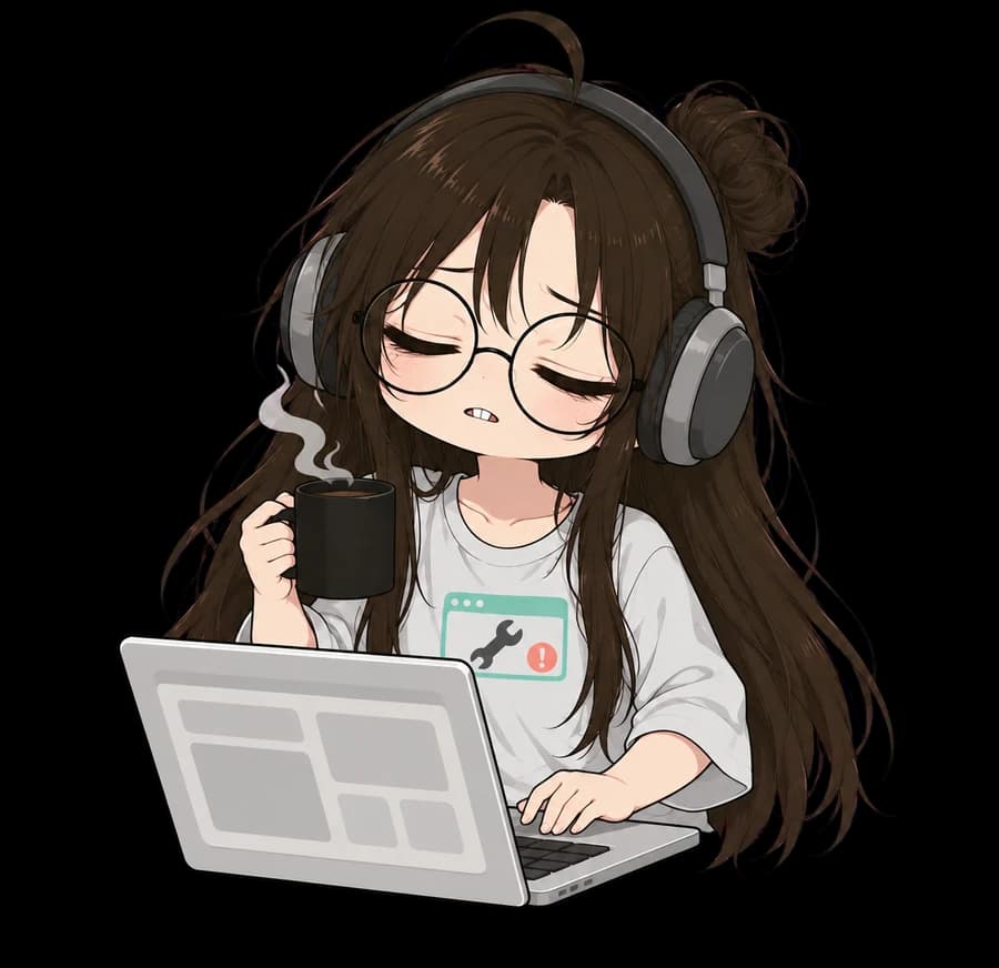 Webbie in big headphones with her eyes closed, listening to a screen reader while she presses a key on her laptop