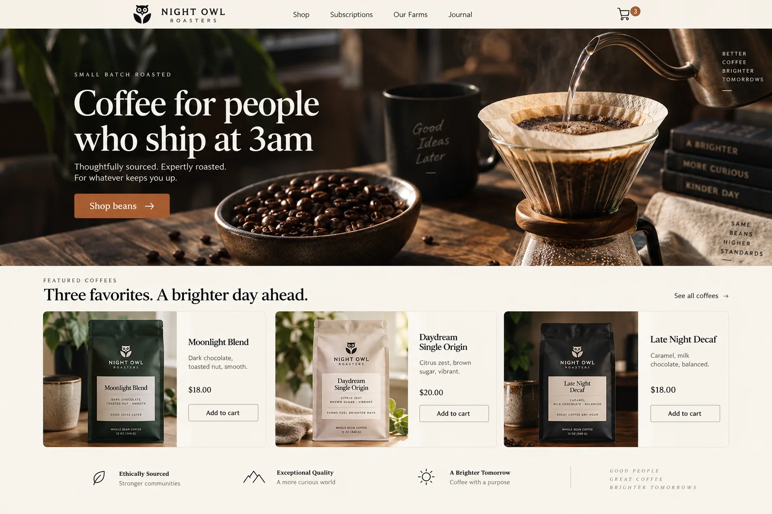 Night Owl Roasters homepage: a coffee shop hero with a pour-over and three featured bags